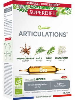 Quatuor Articulations bio Harpagophytum Prêle Cassis Frêne 20 ampoules de 15ml Super Diet Herboristerie de Paris
