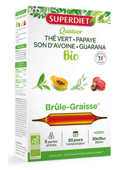 Quatuor brule graisse bio Guarana Thé vert Papaye Son d'avoine Bio 20 ampoules de 15ml Super Diet Herboristerie de Paris