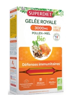 Gelée Royale bio Miel Pollen 3000 mg 20 ampoules de 15ml Super Diet Herboristerie de Paris
