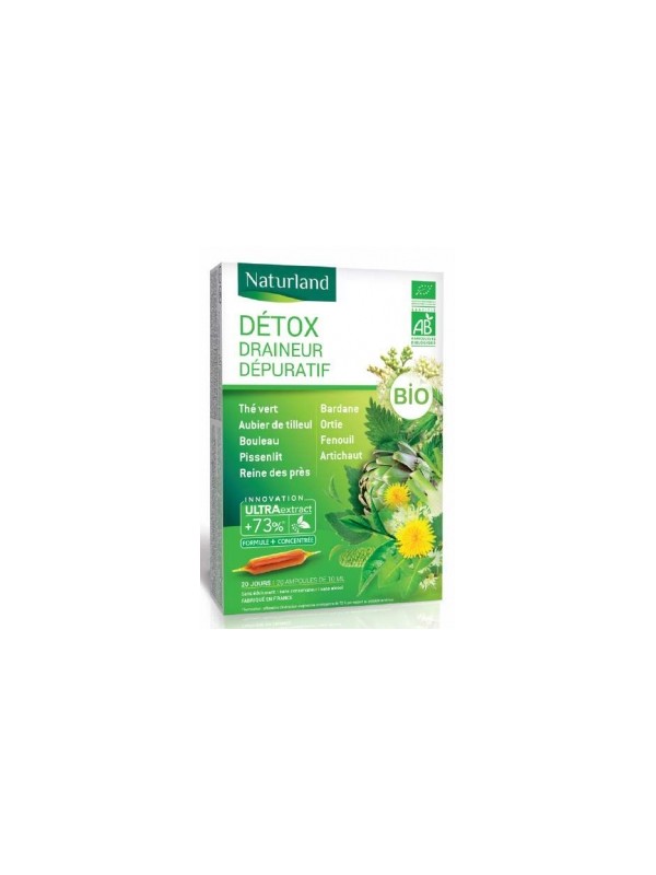 Detox Draineur Dépuratif Bio 20 ampoules de 10ml Naturland Détoxidraine Detox Bio  Herboristerie de Paris
