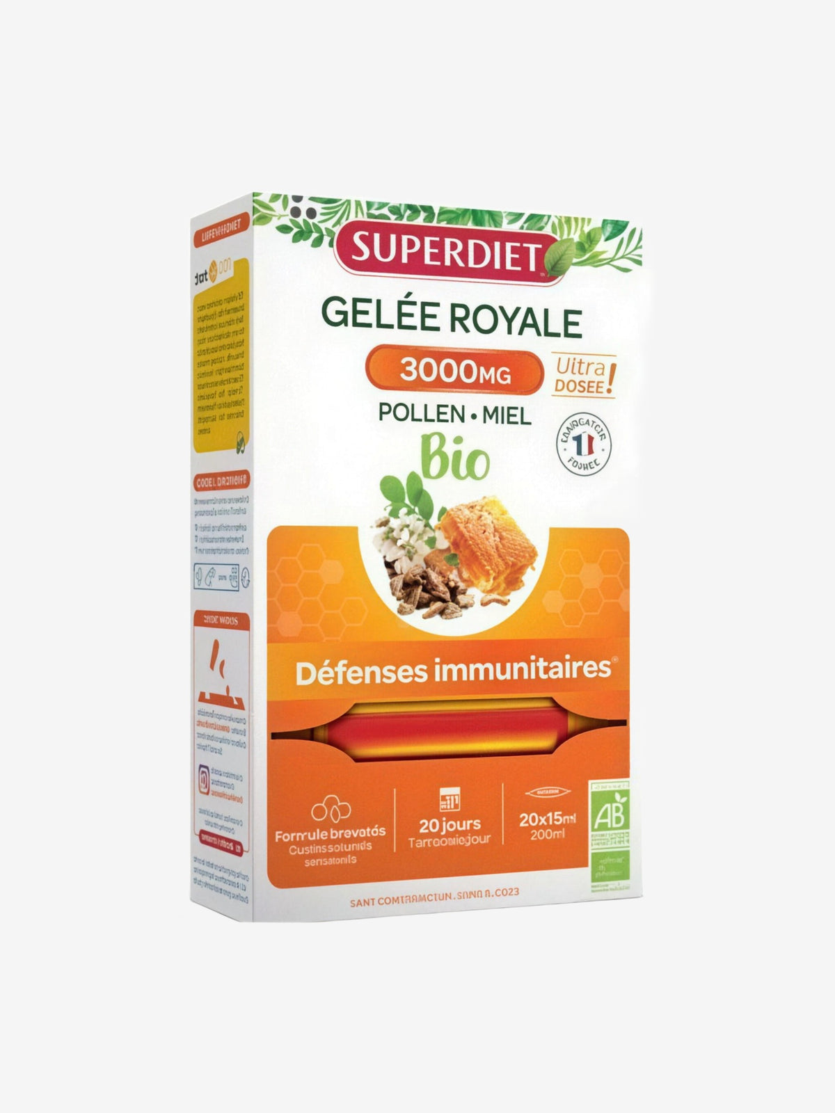 Gelée Royale bio Miel Pollen 3000 mg 20 ampoules de 15ml Super Diet - Herboristerie de Paris