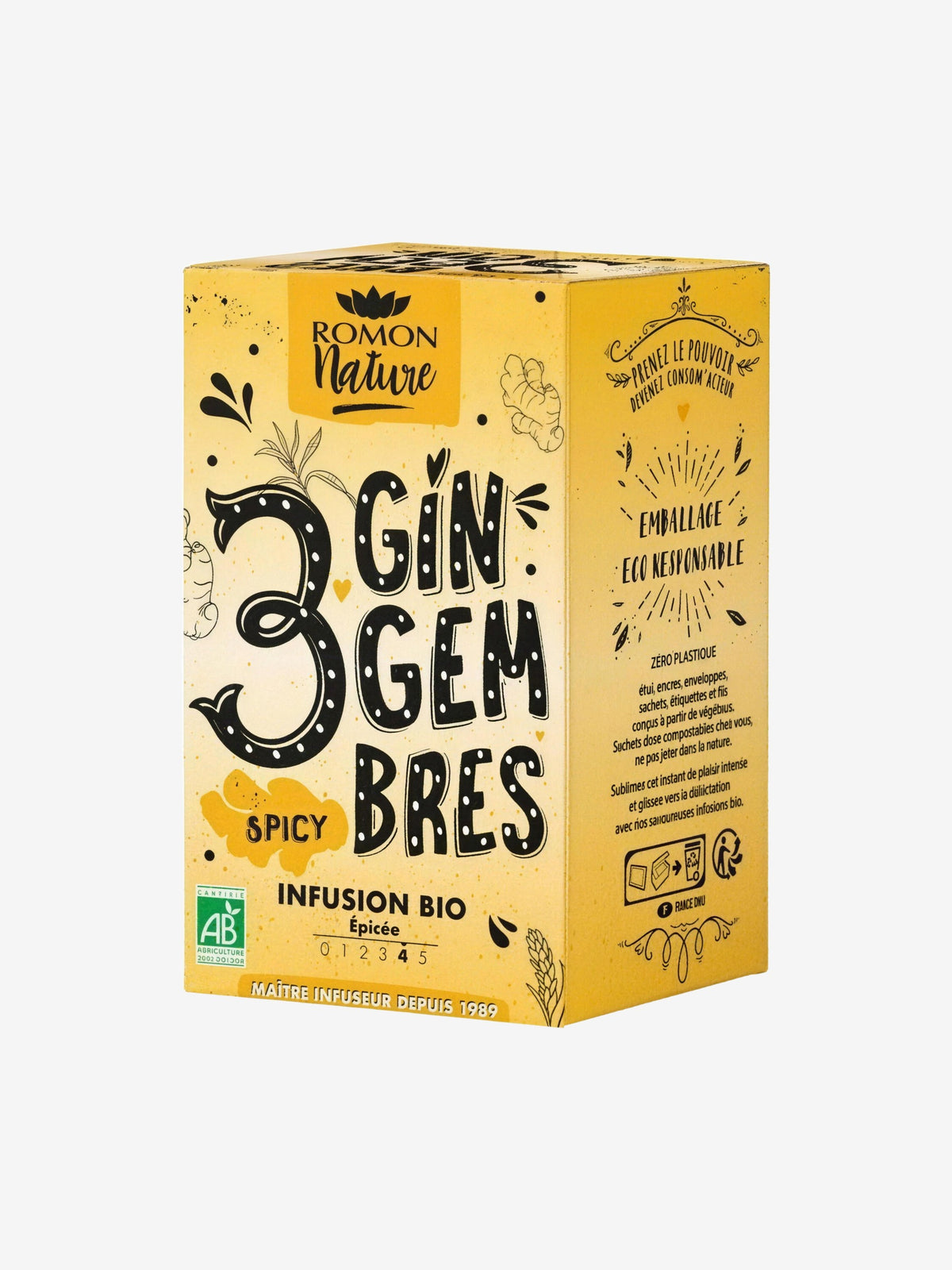 Infusion plaisir 3 Gingembre bio 16 sachets Romon Nature - Herboristerie de Paris