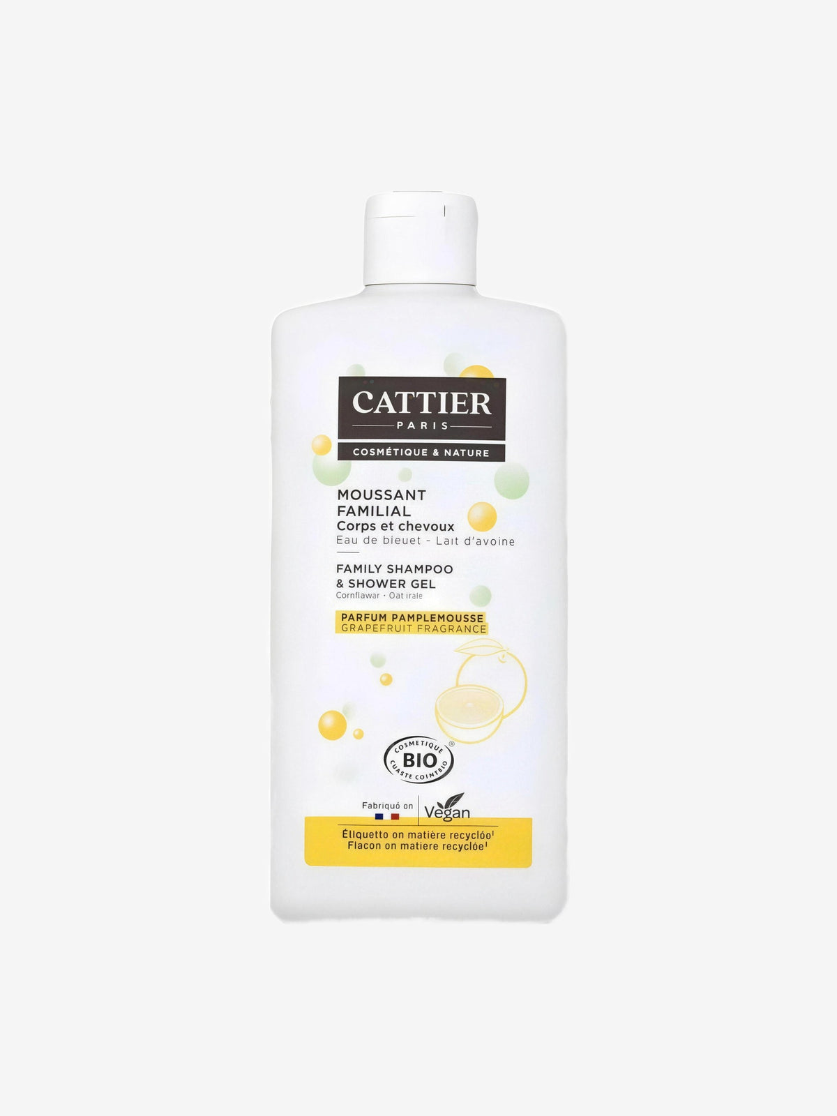 Moussant Familial eau de bleuet lait d'avoine parfum pamplemousse cheveux et corps 500ml Cattier - Herboristerie de Paris