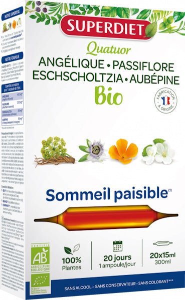 Quatuor Angélique Passiflore Escholtzia Aubépine 20 ampoules de 15ml Super Diet - Herboristerie de Paris