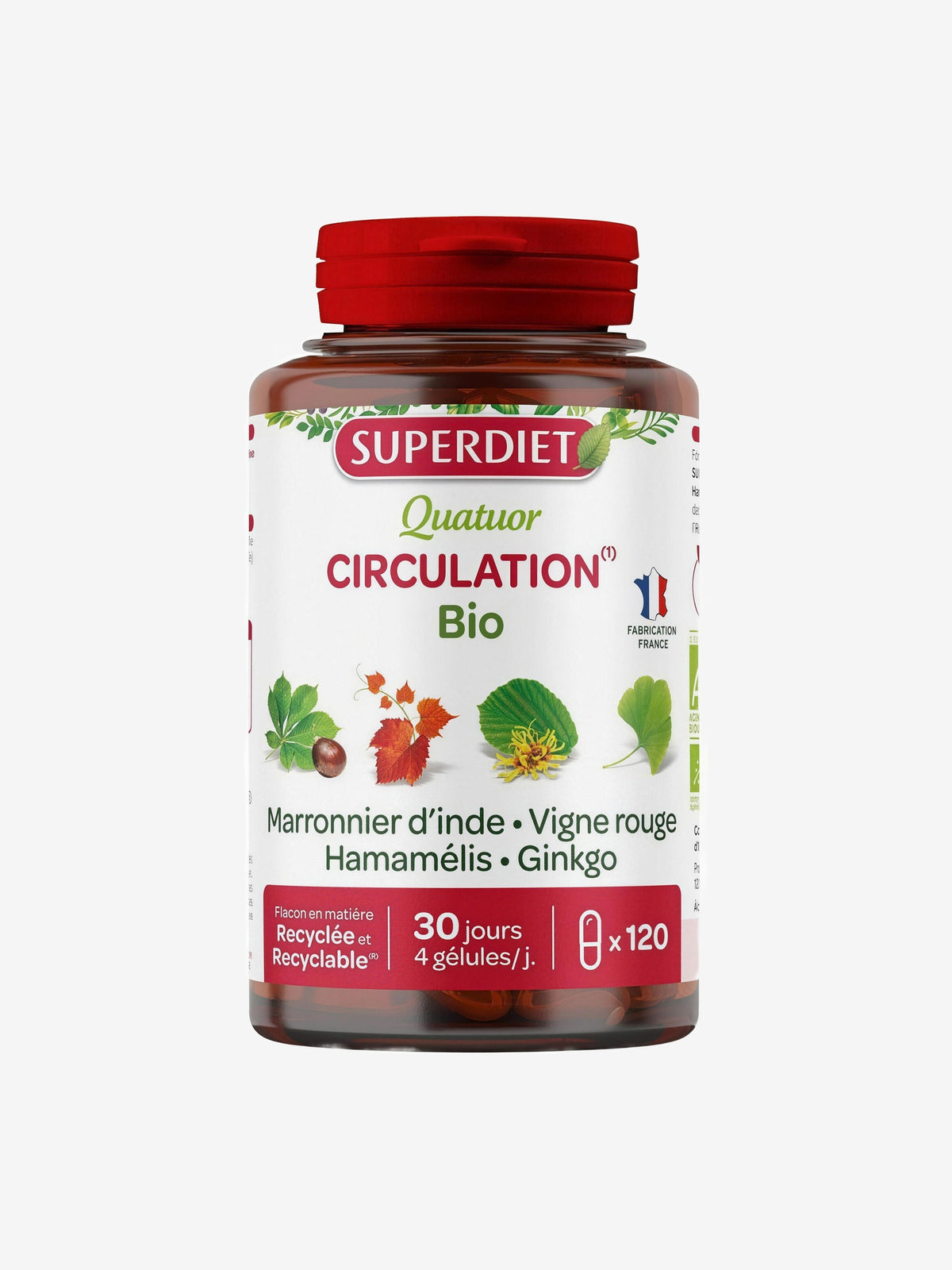 Quatuor Circulation Vigne Rouge Marronnier Hamamélis Ginkgo 120 gélules Super Diet - Herboristerie de Paris