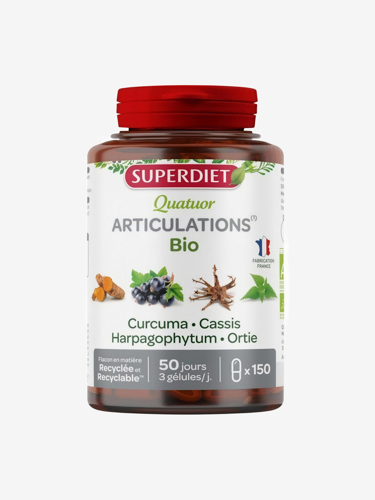 Quatuor Curcuma Cassis Harpagophytum Ortie 150 gelules Super Diet - Herboristerie de Paris