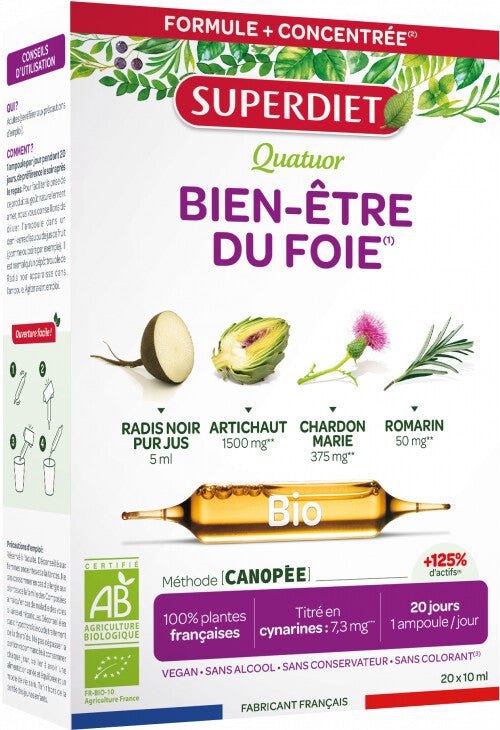 Quatuor Radis Noir Artichaut Chardon Marie Romarin 20 Ampoules Super Diet - Herboristerie de Paris
